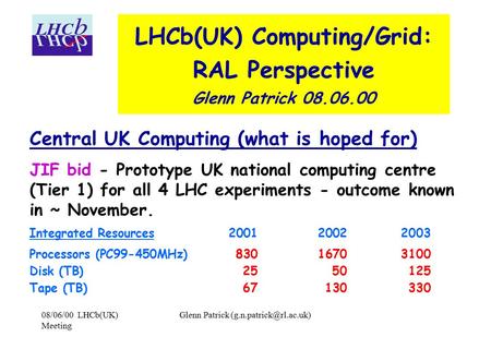 08/06/00 LHCb(UK) Meeting Glenn Patrick LHCb(UK) Computing/Grid: RAL Perspective Glenn Patrick 08.06.00 Central UK Computing (what.