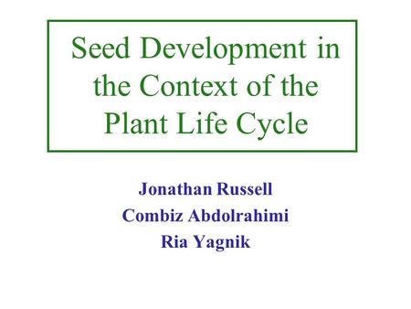 Seed Development in the Context of the Plant Life Cycle Jonathan Russell Combiz Abdolrahimi Ria Yagnik.