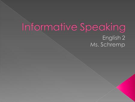  Purpose of INFORMATIVE SPEAKING is to educate your audience on a certain topic.  Information is RESEARCH BASED  Information MUST BE presented: › Accurately.