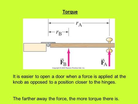 Torque It is easier to open a door when a force is applied at the knob as opposed to a position closer to the hinges. The farther away the force, the more.