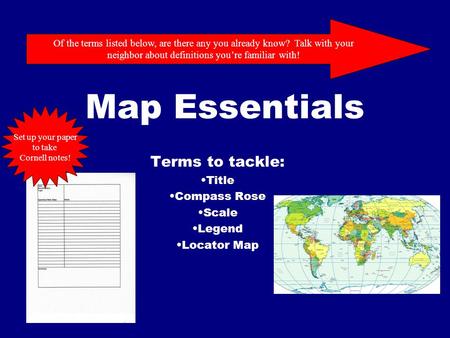 Terms to tackle: Title Compass Rose Scale Legend Locator Map