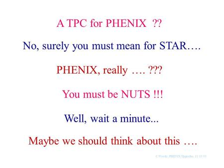 C.Woody, PHENIX Upgrades, 11/10/00 A TPC for PHENIX ?? No, surely you must mean for STAR…. PHENIX, really …. ??? You must be NUTS !!! Well, wait a minute...