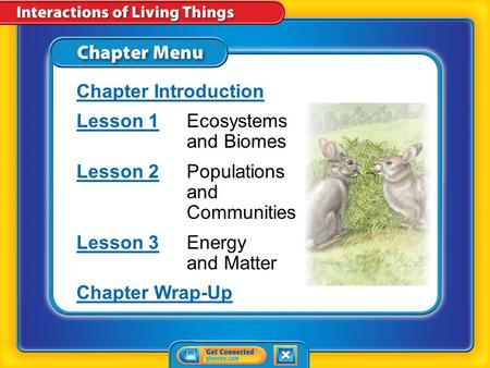 Chapter Menu Chapter Introduction Lesson 1Lesson 1Ecosystems and Biomes Lesson 2Lesson 2Populations and Communities Lesson 3Lesson 3Energy and Matter.