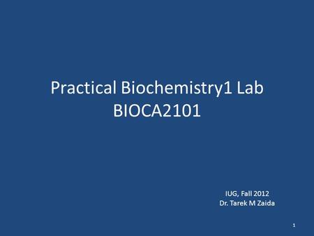 Practical Biochemistry1 Lab BIOCA2101 IUG, Fall 2012 Dr. Tarek M Zaida 1.