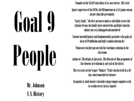 Goal 9 People Mr. Johnson U.S. History Founder of the NAACP and editor of its newsletter, The Crisis Sports superstar of the 1920s, hit 60 homeruns in.