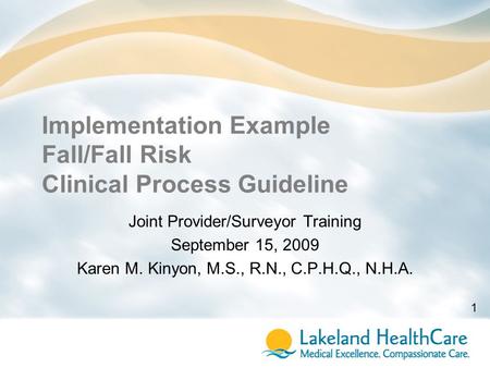Implementation Example Fall/Fall Risk Clinical Process Guideline Joint Provider/Surveyor Training September 15, 2009 Karen M. Kinyon, M.S., R.N., C.P.H.Q.,
