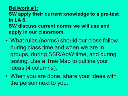 Bellwork #1: SW apply their current knowledge to a pre-test in LA 6. SW discuss current norms we will use and apply in our classroom. What rules (norms)