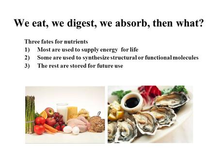 We eat, we digest, we absorb, then what? Three fates for nutrients 1)Most are used to supply energy for life 2)Some are used to synthesize structural or.