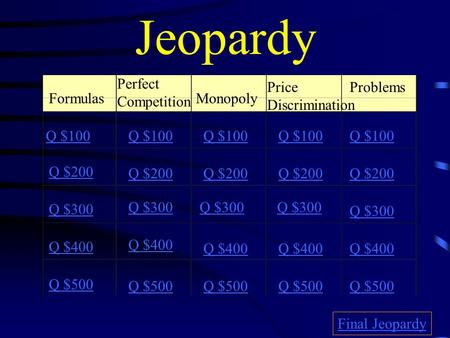 Jeopardy Formulas Perfect Competition Monopoly Price Discrimination Problems Q $100 Q $200 Q $300 Q $400 Q $500 Q $100 Q $200 Q $300 Q $400 Q $500 Final.