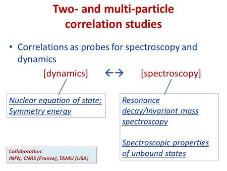 Two- and multi-particle correlation studies Correlations as probes for spectroscopy and dynamics [dynamics]  [spectroscopy] Nuclear equation of state;