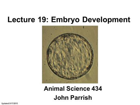 Updated:9/17/2015 Lecture 19: Embryo Development Animal Science 434 John Parrish.