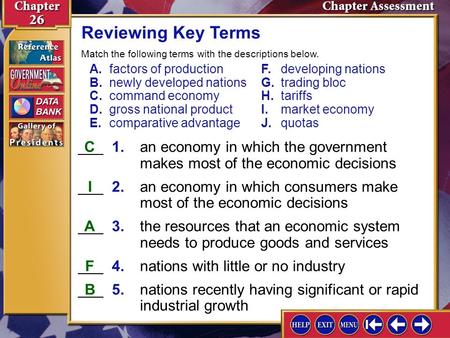 Reviewing Key Terms Match the following terms with the descriptions below. A. 	factors of production	F. 	developing nations B. 	newly developed nations	G.