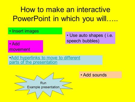 How to make an interactive PowerPoint in which you will….. Add hyperlinks to move to different parts of the presentationAdd hyperlinks to move to different.