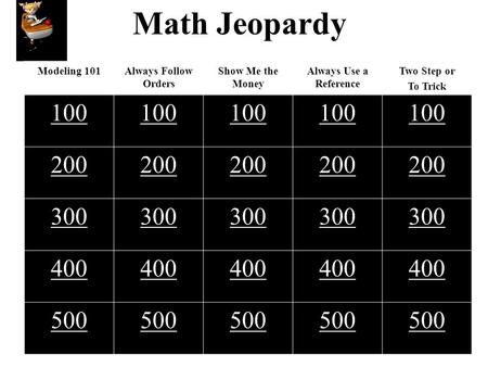 Math Jeopardy Modeling 101Always Follow Orders Show Me the Money Always Use a Reference Two Step or To Trick 100 200 300 400 500.