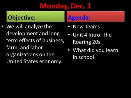 Monday, Dec. 1 Objective: We will analyze the development and long- term effects of business, farm, and labor organizations on the United States economy.