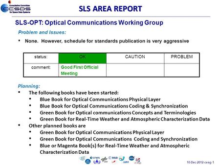 10-Dec-2012-cesg-1 SLS-OPT: Optical Communications Working Group Problem and Issues: None. However, schedule for standards publication is very aggressive.