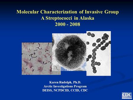 Molecular Characterization of Invasive Group A Streptococci in Alaska 2000 - 2008 Karen Rudolph, Ph.D. Arctic Investigations Program DEISS, NCPDCID, CCID,