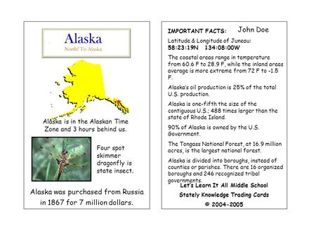 Alaska was purchased from Russia in 1867 for 7 million dollars. John Doe IMPORTANT FACTS: Latitude & Longitude of Juneau: 58:23:19N 134:08:00W The coastal.