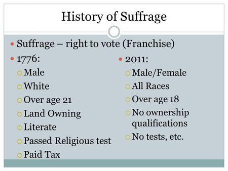 History of Suffrage Suffrage – right to vote (Franchise) 1776:  Male  White  Over age 21  Land Owning  Literate  Passed Religious test  Paid Tax.