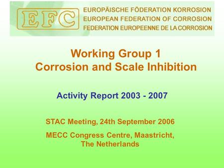 Working Group 1 Corrosion and Scale Inhibition Activity Report 2003 - 2007 STAC Meeting, 24th September 2006 MECC Congress Centre, Maastricht, The Netherlands.