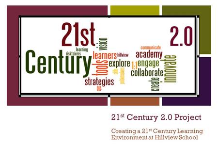 21 st Century 2.0 Project Creating a 21 st Century Learning Environment at Hillview School.