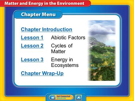 Chapter Menu Chapter Introduction Lesson 1Lesson 1Abiotic Factors Lesson 2Lesson 2Cycles of Matter Lesson 3Lesson 3Energy in Ecosystems Chapter Wrap-Up.
