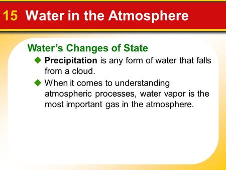 Water’s Changes of State 15 Water in the Atmosphere  Precipitation is any form of water that falls from a cloud.  When it comes to understanding atmospheric.