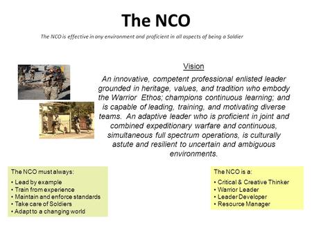 The NCO The NCO is a: Critical & Creative Thinker Warrior Leader Leader Developer Resource Manager The NCO is effective in any environment and proficient.