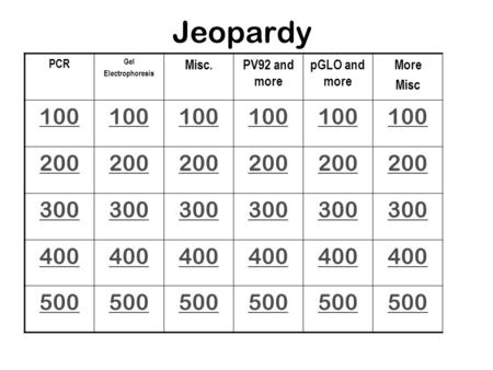 Jeopardy Misc. PV92 and more pGLO and more More