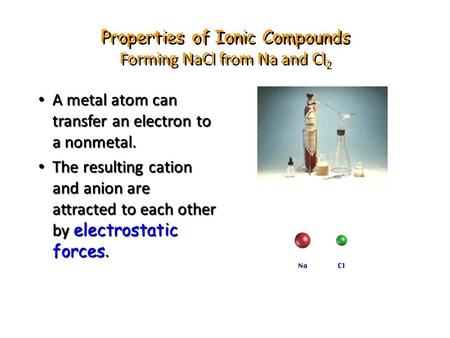 Properties of Ionic Compounds Forming NaCl from Na and Cl 2 A metal atom can transfer an electron to a nonmetal. A metal atom can transfer an electron.