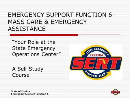 State of Florida Emergency Support Function 6 1 EMERGENCY SUPPORT FUNCTION 6 - MASS CARE & EMERGENCY ASSISTANCE “Your Role at the State Emergency Operations.