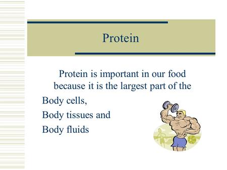 Protein Protein is important in our food because it is the largest part of the Body cells, Body tissues and Body fluids.