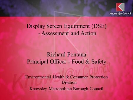 Display Screen Equipment (DSE) - Assessment and Action Richard Fontana Principal Officer - Food & Safety Environmental Health & Consumer Protection Division.