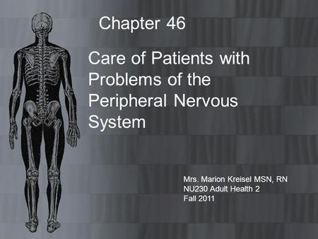 Chapter 46 Care of Patients with Problems of the Peripheral Nervous System Mrs. Marion Kreisel MSN, RN NU230 Adult Health 2 Fall 2011.