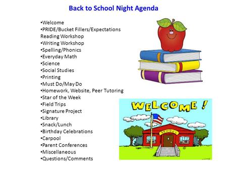 Back to School Night Agenda Welcome PRIDE/Bucket Fillers/Expectations Reading Workshop Writing Workshop Spelling/Phonics Everyday Math Science Social Studies.