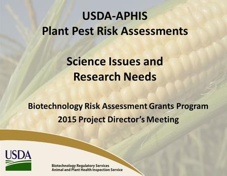 USDA-APHIS Plant Pest Risk Assessments Science Issues and Research Needs Biotechnology Risk Assessment Grants Program 2015 Project Director’s Meeting.
