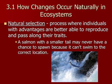 3.1 How Changes Occur Naturally in Ecosystems Natural selection - process where individuals with advantages are better able to reproduce and pass along.