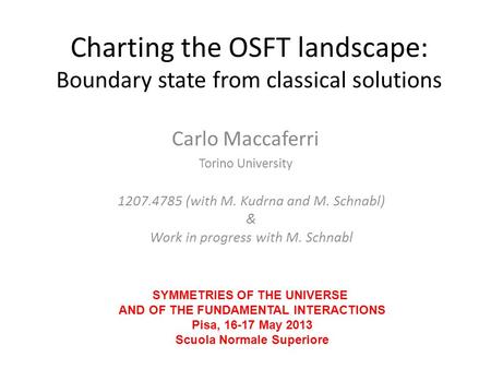 Charting the OSFT landscape: Boundary state from classical solutions Carlo Maccaferri Torino University 1207.4785 (with M. Kudrna and M. Schnabl) & Work.
