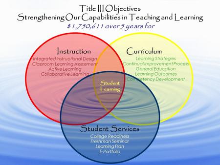 Title III Objectives Strengthening Our Capabilities in Teaching and Learning $1,750,611 over 5 years for CurriculumInstruction Learning Strategies Continual.