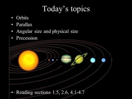Today’s topics Orbits Parallax Angular size and physical size Precession Reading sections 1.5, 2.6, 4.1-4.7.
