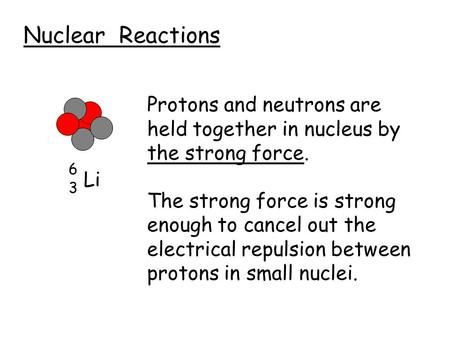 Nuclear Reactions Li 3 6 Protons and neutrons are held together in nucleus by the strong force. The strong force is strong enough to cancel out the electrical.