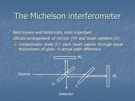 The Michelson interferometer Best known and historically most important Best known and historically most important Utilizes arrangement of mirrors (M)