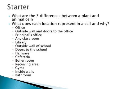  What are the 3 differences between a plant and animal cell?  What does each location represent in a cell and why? ◦ Office ◦ Outside wall and doors.