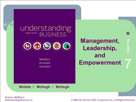 ****** 7-1 1-1 McGraw-Hill/Irwin Understanding Business, 8e © 2008 The McGraw-Hill Companies, Inc., All Rights Reserved. Nickels McHugh McHugh ** Management,