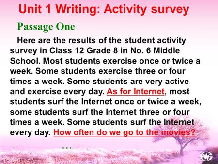 Unit 1 Writing: Activity survey Passage One … Here are the results of the student activity survey in Class 12 Grade 8 in No. 6 Middle School. Most students.