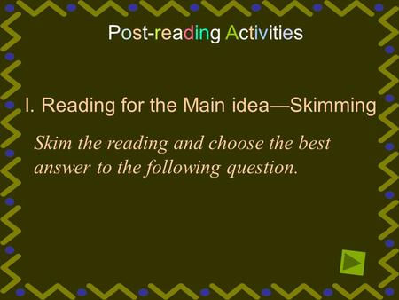 Post-reading Activities I. Reading for the Main idea—Skimming Skim the reading and choose the best answer to the following question.