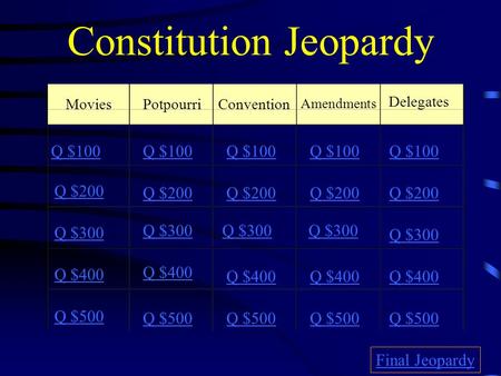 Constitution Jeopardy MoviesPotpourriConvention Amendments Delegates Q $100 Q $200 Q $300 Q $400 Q $500 Q $100 Q $200 Q $300 Q $400 Q $500 Final Jeopardy.