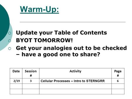 Warm-Up: Update your Table of Contents BYOT TOMORROW!