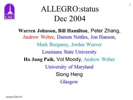 Annecy/Dec'04 1 ALLEGRO:status Dec 2004 Warren Johnson, Bill Hamilton, Peter Zhang, Andrew Weber, Damon Nettles, Jon Hanson, Mark Burgamy, Jordan Weaver.