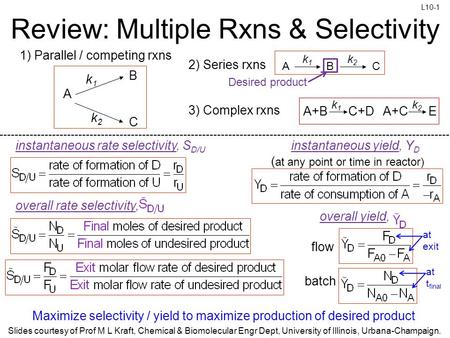 Review: Multiple Rxns & Selectivity